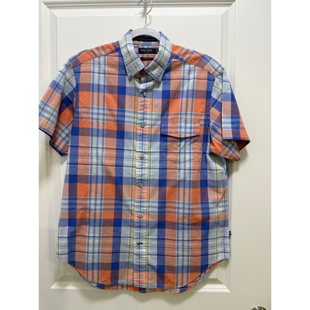 Nautica Mens Classic Fit Short Sleeve Plaid Button Down Shirt Orange Blue Size M
